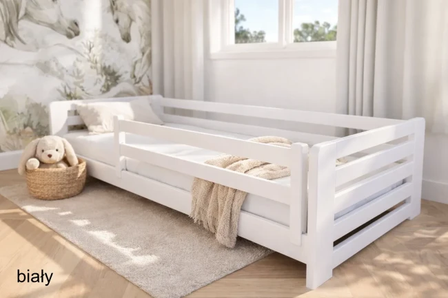 Łóżko montessori Lili Low Premium z kolorowymi panelami – bezpieczne łóżko dla dziewczynki lub chłopca, idealne do pierwszego pokoju dziecka.