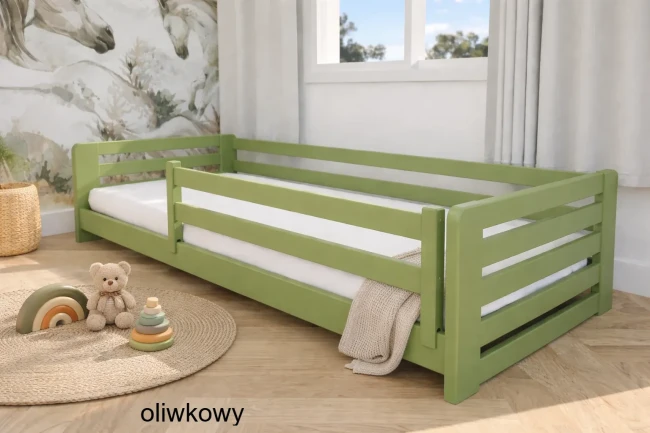 Niskie łóżko Lili Low Premium – ergonomiczne łóżeczko montessori do pokoju malucha, bez wysokich barier i trudnych wejść – wspiera rozwój dziecka.