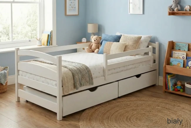 Łóżko dziecięce sosnowe Mela Premium z barierką ochronną i szufladami