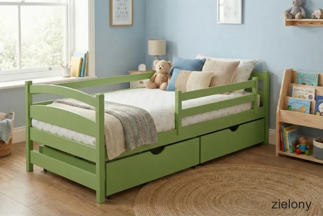 Łóżko dziecięce w kolorze zielonego jabuszka– personalizowany rozmiar i zdejmowana barierka ochronna