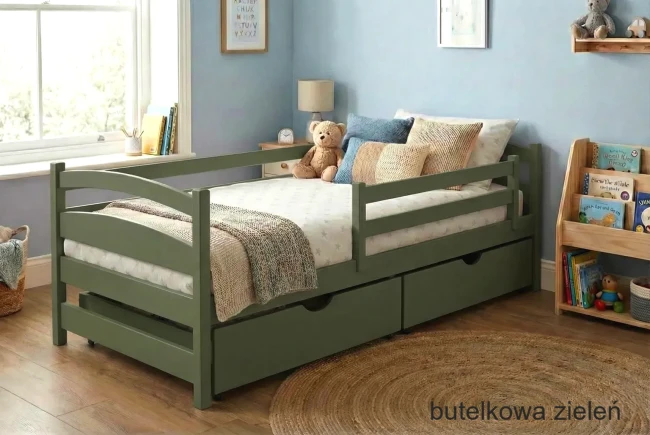 Nowoczesne łóżko w kolorze butelkowej zieleni dla dziecka z materacem i barierką zabezpieczającą