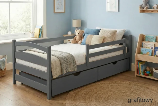Nowoczesne łóżko dla dziecka w kolorze grafitowym z szufladami Mela