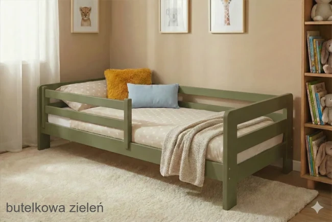 Niskie łóżko podłogowe Egon Low marki Valor Meble z barierką ochronną i materacem, wykonane z drewna sosnowego premium.