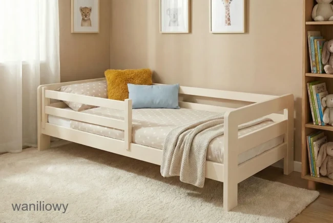 Beżowe - waniliowe łóżko dziecięce Egon Low, zdejmowana barierka na przednią deskę, materac z warstwą lateksową.