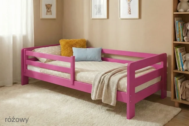 Różowe łóżko dziecięce 80x180 z drewna sosnowego premium, materac z warstwą zapamiętującą kształt ciała.