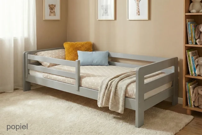 Łóżko podłogowe 90x180 w kolorze szarym, gęsty stelaż z grubych desek, produkt sprawdzonej polskiej marki.