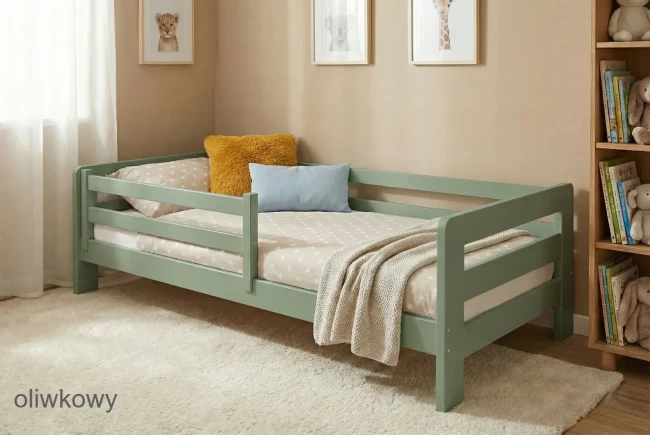 Oliwkowe łóżko podłogowe, gęsty stelaż sosnowy, materac antyodleżynowy i bezpieczna barierka ochronna.
