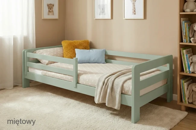 Miętowe łóżko podłogowe dla malucha, barierka montowana w dowolnym miejscu, marka z 15-letnim doświadczeniem.