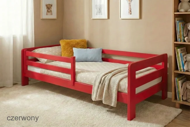 Łóżko podłogowe Egon Low 80x160 w kolorze szarym, zdejmowana barierka ochronna i materac wysokoelastyczny.