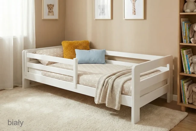 Bezpieczne łóżko dziecięce Egon Low w kolorze białym, dostępne w wielu rozmiarach od 70x140 do 120x200 cm.