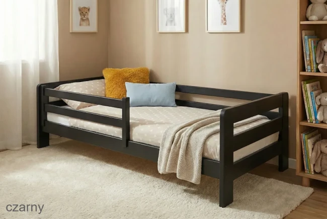 Drewniane łóżko dla dziecka 90x200 kolor naturalna sosna, bezpieczny transport Valor Meble i pokrowiec Aloe Vera.