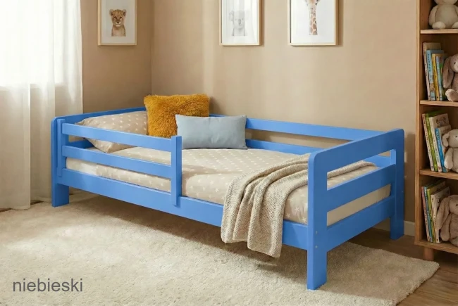 Niebieskie łóżko podłogowe dla dzieci, wymiar 80x140, bezpieczne wykończenie bez sęków, Valor Meble.