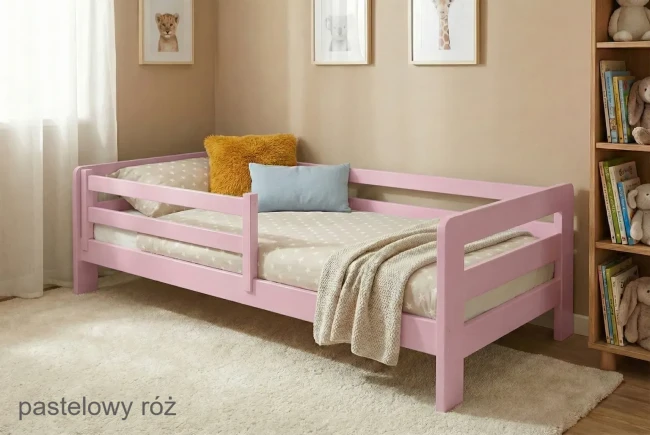 Pastelowe róż łóżko Egon Low 120x190, materac z pianką Visco zapamiętującą kształt, 20 kolorów do wyboru.