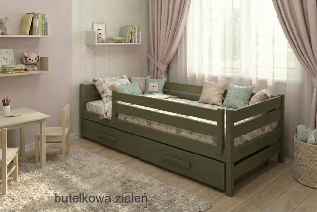 Solidne łóżko z drewna sosnowego premium z nasuwaną barierką i szufladami.