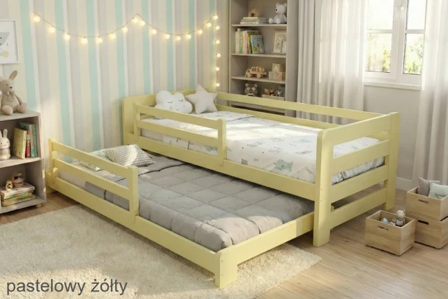 Łóżko rozsuwane dla rodzeństwa Jasio Low z drewna sosnowego bez sęków.