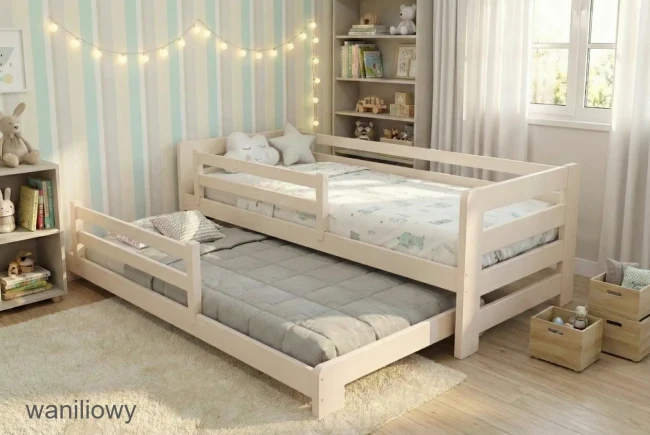 Łóżko podwójne wysuwane dla chłopca i dziewczynki z barierką mobilną na noc
