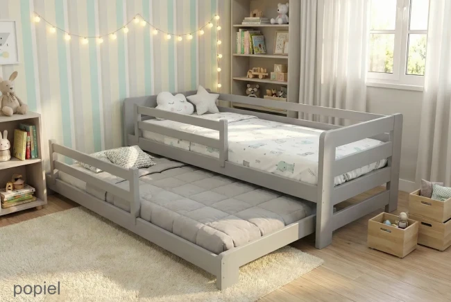 Funkcjonalne łóżko dla rodzeństwa z barierką i materacami piankowo-kokosowymi