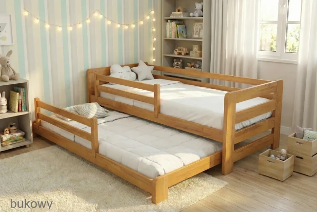 Łóżko 2-osobowe dla dzieci z szufladą na drugie posłanie i zdejmowaną barierką.