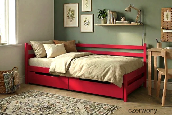 Łóżko dzienne Clara Premium z barierką dla dziewczynki i chłopca czerowny.webp