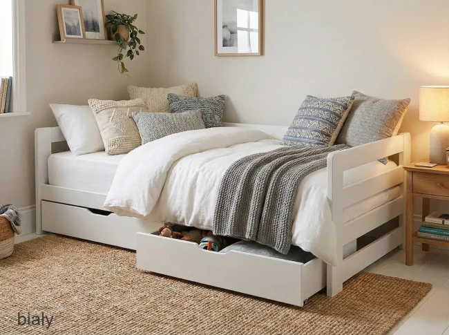 Drewniane łóżko sosnowe Egon Premium 90x200 lub każdy inny w kolorze białym, gęsty stelaż z grubych desek i pokrowiec Aloe Vera.