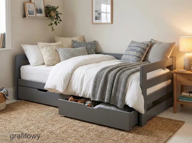 Grafitowe łóżko dla chłopca Egon Premium 80x180, wysokie zabezpieczenia boczne i materac z pianką zapamiętującą kształt (Visco).