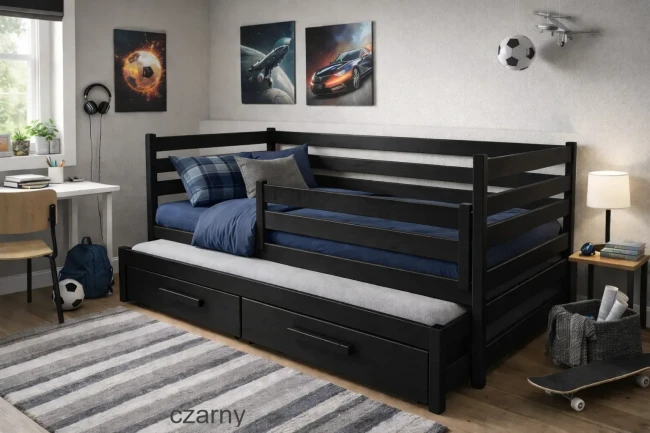 Czarne łóżko do pokoju młodzieżowego. Podwójne
