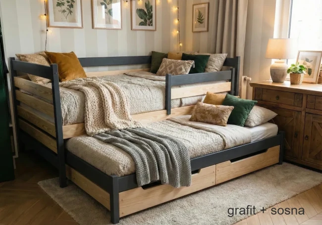 Dwukolorowe młodzieżowe łóżko z szufladą do spania 70x140, barierka nasuwana na noc i materac z warstwą kokosową.