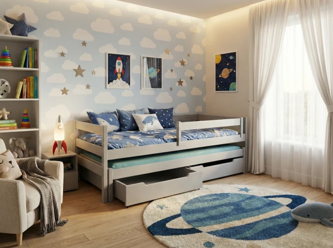 Szare łóżko dziecięce Maxi Premium z drewna sosnowego z wysuwanym drugim spaniem i szufladami.