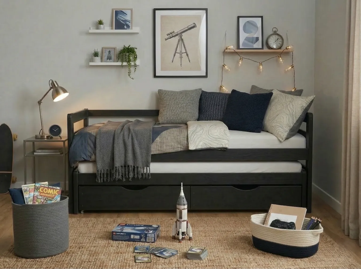 Aranżacja pokoju dla chłopca: łóżko wysuwane Jasio Premium czarne